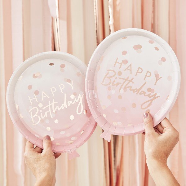 Rose Gold Foiled Confetti Balloon Shaped Plates Pack