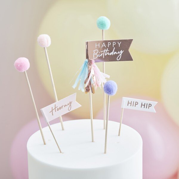Cake Topper - Happy Birthday Pom Poms and Flags - Pastel -Foiled