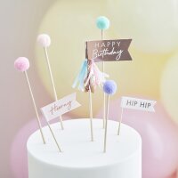 Cake Topper - Happy Birthday Pom Poms and Flags - Pastel -Foiled