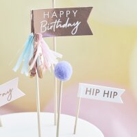 Cake Topper - Happy Birthday Pom Poms and Flags - Pastel -Foiled