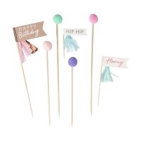 Cake Topper - Happy Birthday Pom Poms and Flags - Pastel -Foiled